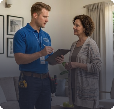 Technician talking to customer indoors